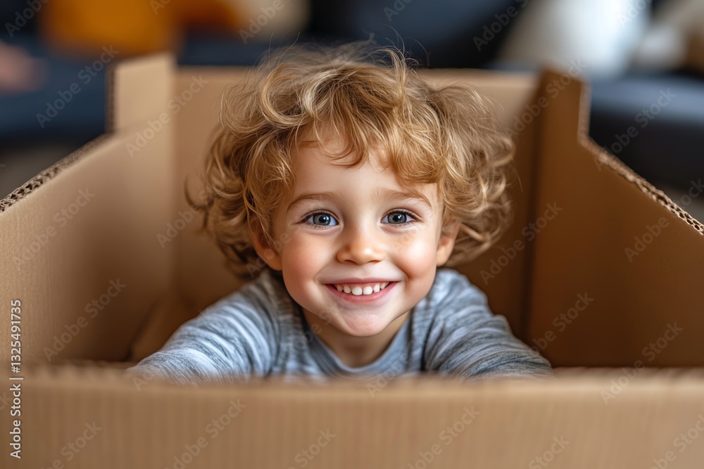 A joyous child peeking out from a cardboard box, his face beaming with pure delight A joyous child peeking out from a cardboard box, his face beaming with pure delight