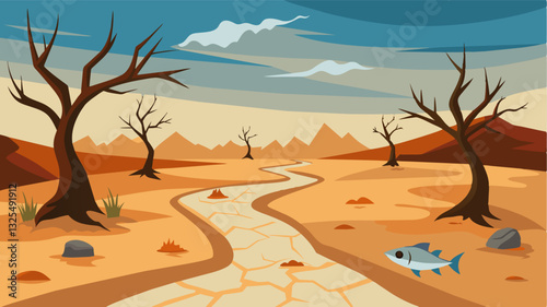 The silence of the dry riverbed is only broken by the occasional creaking of parched tree branches and the rustling of dried leaves. The only sign of life are the fish now reduced. Vector illustration