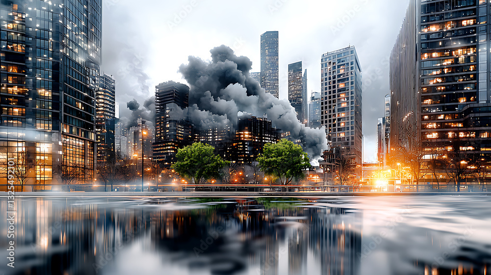 Fototapeta premium Urban fire incident downtown city photography dramatic atmosphere wide angle emergency response
