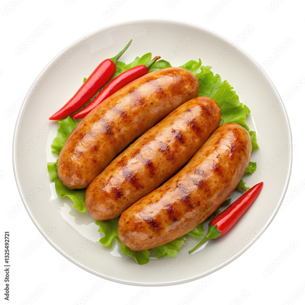 Grilled Sausages Served on Fresh Lettuce with Red Chili Peppers Garnish Grilled Sausages Served on Fresh Lettuce with Red Chili Peppers Garnish