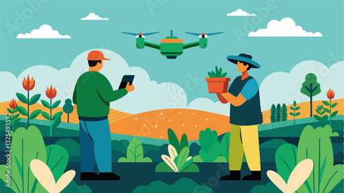 With the help of drone technology farmers can efficiently manage their crops by spraying nutrients and protecting them from pests.. Vector illustration