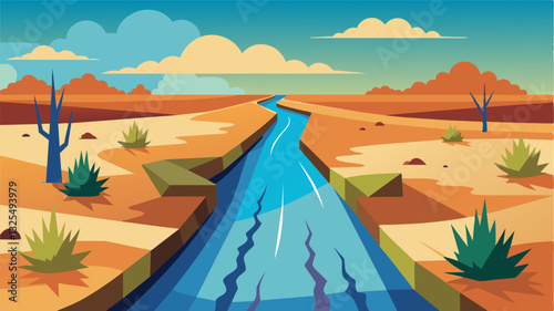 With the irrigation ditch running dry the fragility of the ecosystem is exposed as the delicate balance between water land and life is disrupted.. Vector illustration