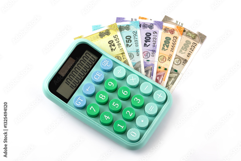 Banknotes in denominations of 20, 50, 100, 200 and 500 Indian rupees and calculator