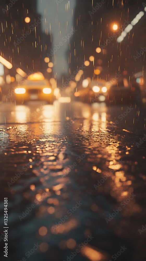 Obraz premium A rainy city street scene with reflections and glowing lights from vehicles.