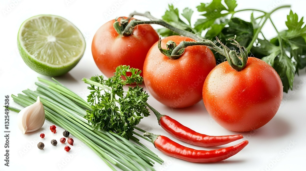Tomatos chives garlic red chili lime and parsley Tomatos chives garlic red chili lime and parsley