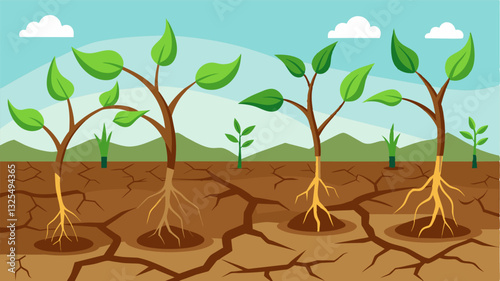 The young plants roots are exposed ly able to hold onto the dry and brittle ground a sign of the continuing drought and lack of resources.. Vector illustration