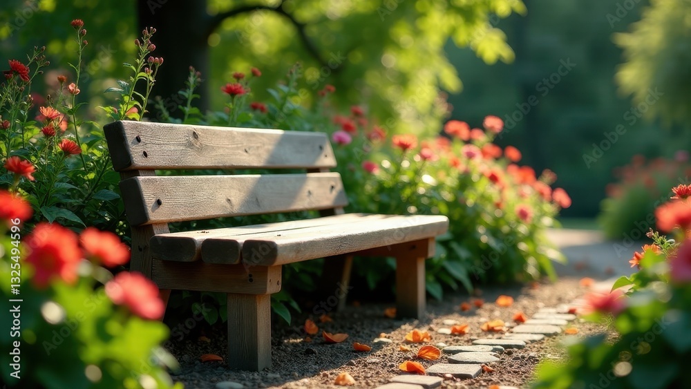 Serene wooden park bench nestled amongst vibrant blossoms, bathed in sunlight along a stone pathway Serene wooden park bench nestled amongst vibrant blossoms, bathed in sunlight along a stone pathway