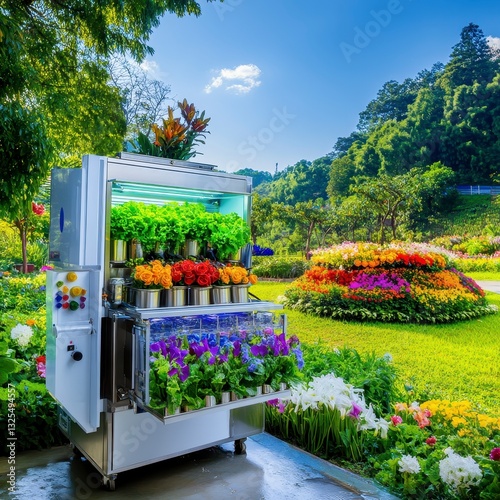 Vibrant Flower Vending Machine in a Lush Garden Landscape