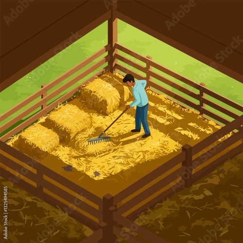 Man Raking Hay in Barn Isometric Illustration Farm Scene
