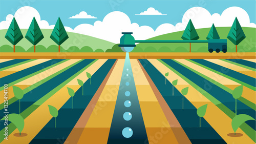 With the use of hightech drip irrigation plants are able to receive water evenly and efficiently resulting in healthier and more productive crops.. Vector illustration