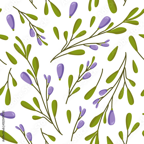 Vector seamless pattern with flowers and branches. Colored spring drawing for packaging, wallpapers and cards.