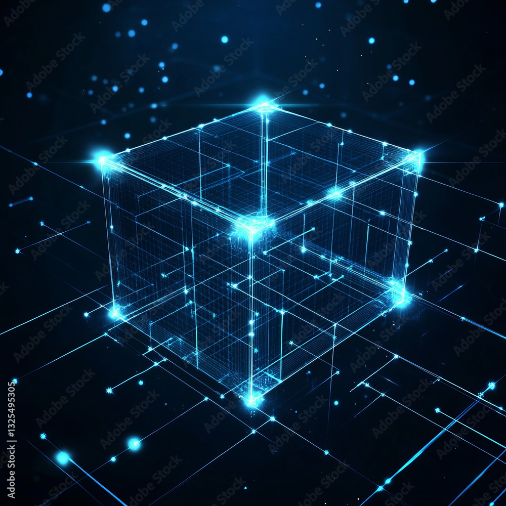 Obraz premium Floating Translucent Blue Cube with Glowing Nodes in Dark Digital Space
