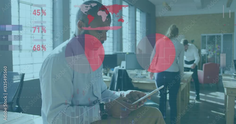 Business professionals working on tablets with data analytics animation overlay Business professionals working on tablets with data analytics animation overlay