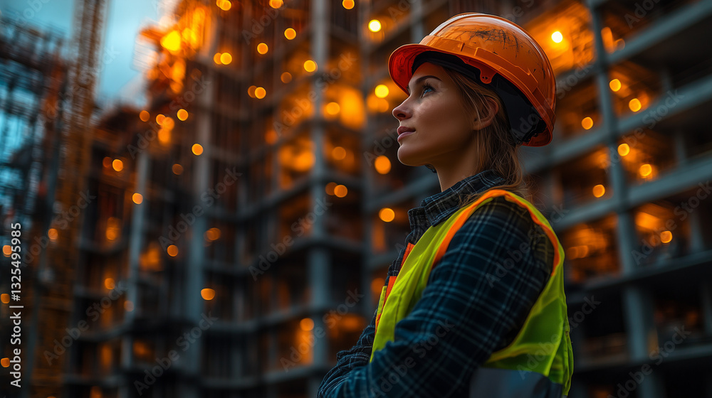 Construction worker in safety gear, focused and determined, with a blurred worksite behind. Dedication and resilience in modern industry. Construction worker in safety gear, focused and determined, with a blurred worksite behind. Dedication and resilience in modern industry.