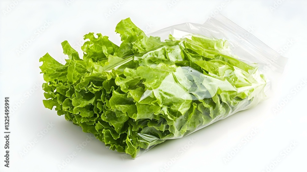 A sealed plastic bag of lettuce on a white A sealed plastic bag of lettuce on a white