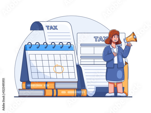 Illustration of Tax Filing & Financial Planning with a businesswoman holding a megaphone.
Behind her are elements of tax forms, tax receipts, calendars and stacks of books. 