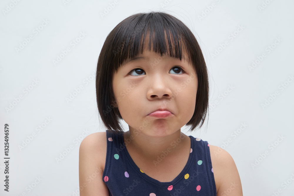 Little girl making thinking face looking up on white background Little girl making thinking face looking up on white background