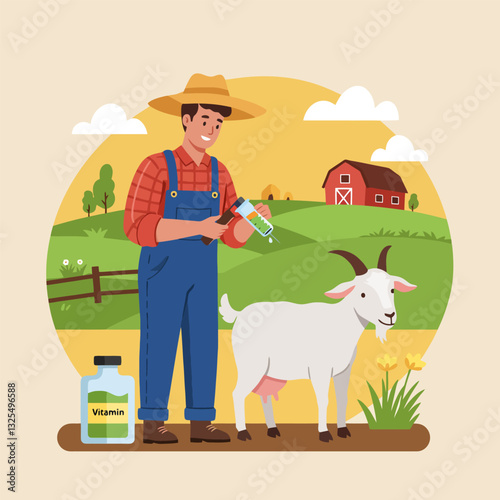 Farmer Preparing Medicine for Goat at Farm with Barn