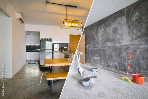 Bild auf Leinwand Modern kitchen and dining room before and after renovation project showing impro