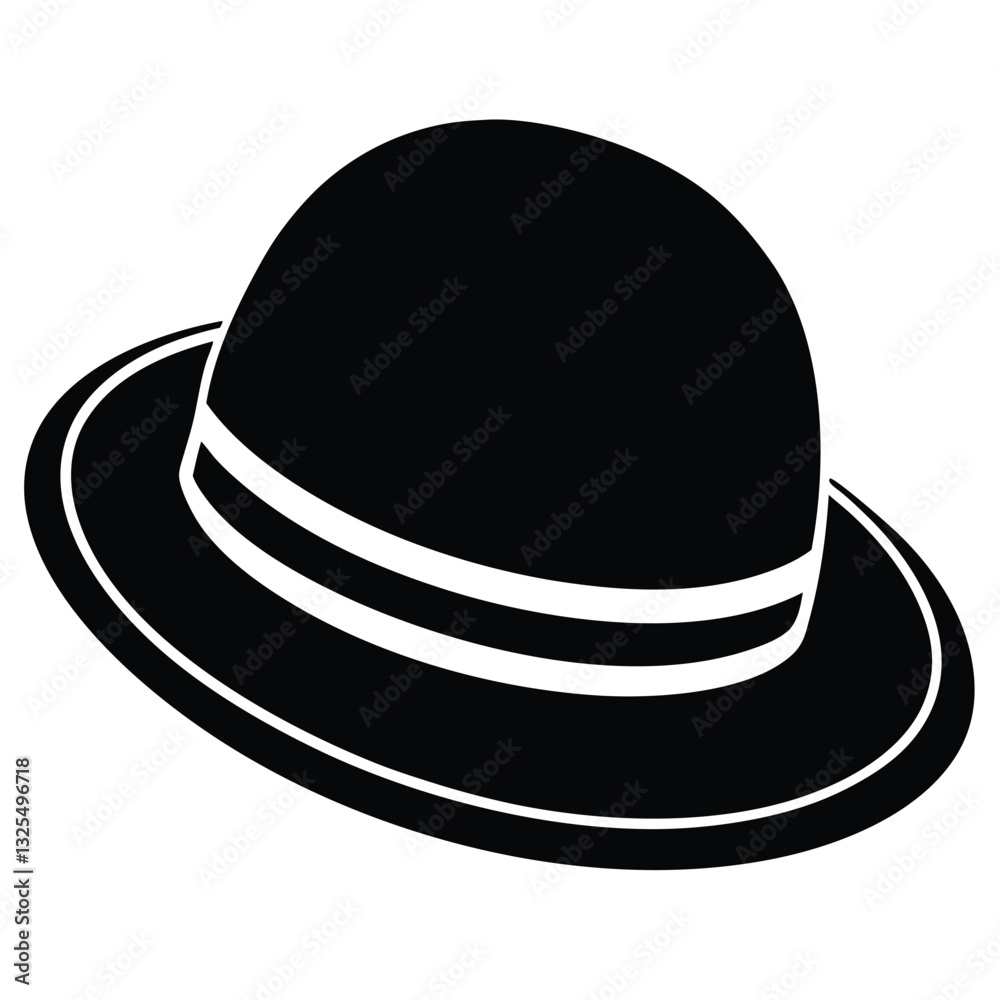 Create a minimalist silhouette of a classic bowler hat, rendered in stark black against a pure white background. Create a minimalist silhouette of a classic bowler hat, rendered in stark black against a pure white background.