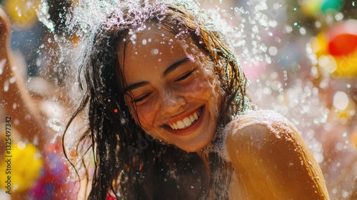 Joyful Woman Showered with Water  Summer Fun