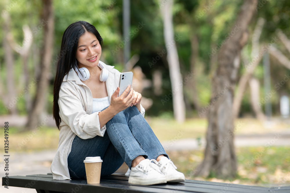 Fototapeta premium A smiling asian woman is looking at her phone while sitting knees up on the park steel bench.