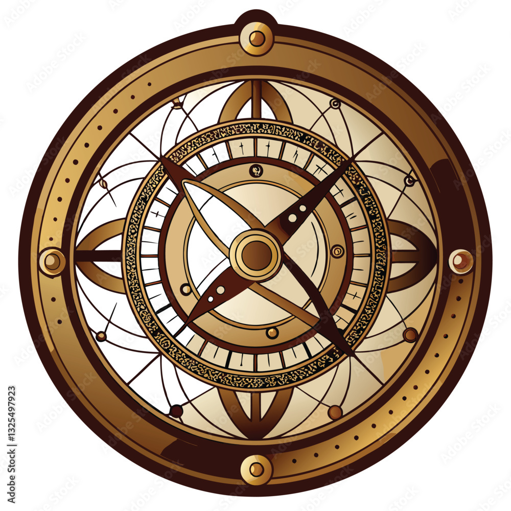 A detailed silhouette of a single antique astrolabe, meticulously rendered, against a stark white background.  (1) represents a subtle highlight.