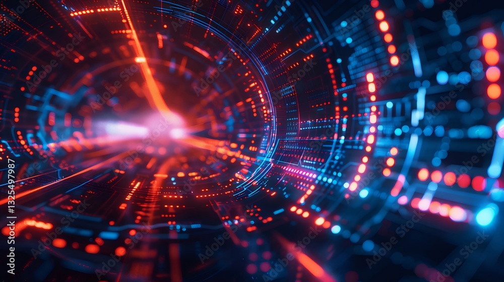 Abstract Digital Tunnel with Red and Blue Glowing Data Streams Abstract Digital Tunnel with Red and Blue Glowing Data Streams
