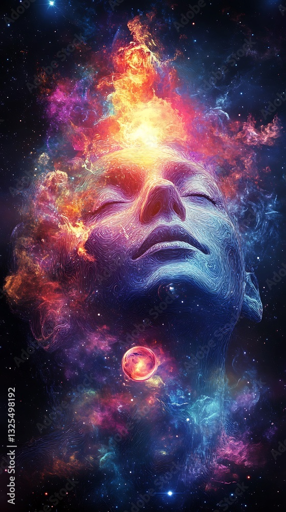 A human face surrounded by colorful cosmic nebulae and space A human face surrounded by colorful cosmic nebulae and space
