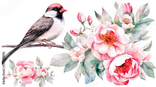 A lively and nature inspired watercolor painting of a peony and bird