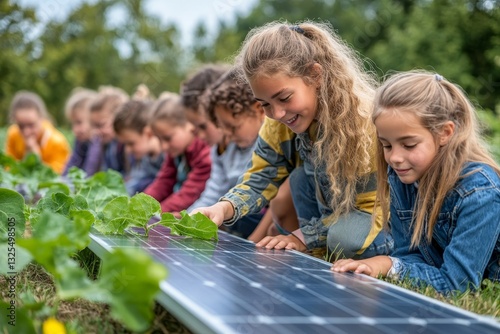 a group of children are gathering around a solar panel in a garden. The children are interacting and exploring the solar panel