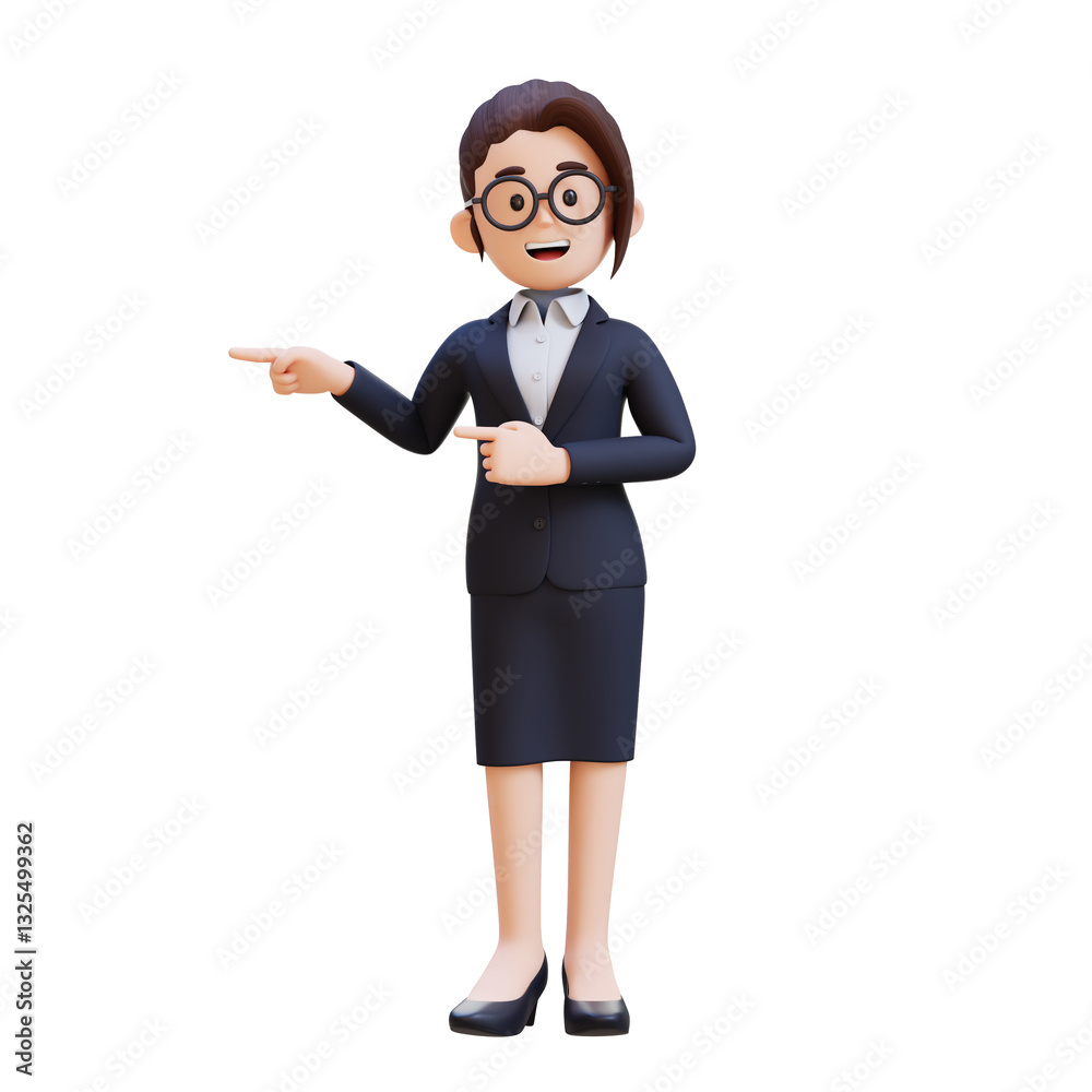 A woman in a suit and glasses points to the right A woman in a suit and glasses points to the right