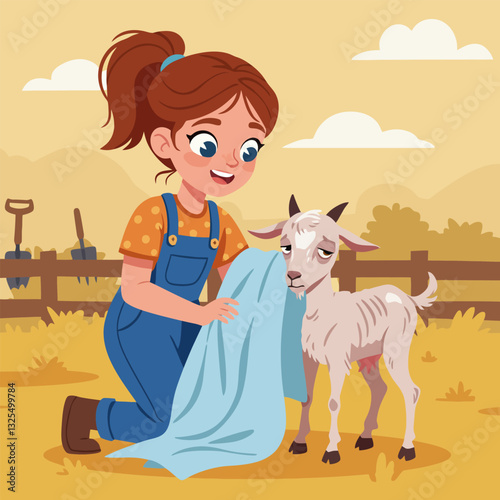Girl Caring for Sickly Goat with Blanket on Farm