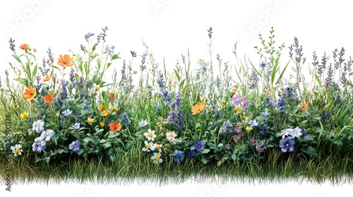 Blooming Meadow: A vibrant close-up of a lush meadow in full bloom, featuring an array of wildflowers in shades of purple, orange, and white, interspersed with vibrant green grass.