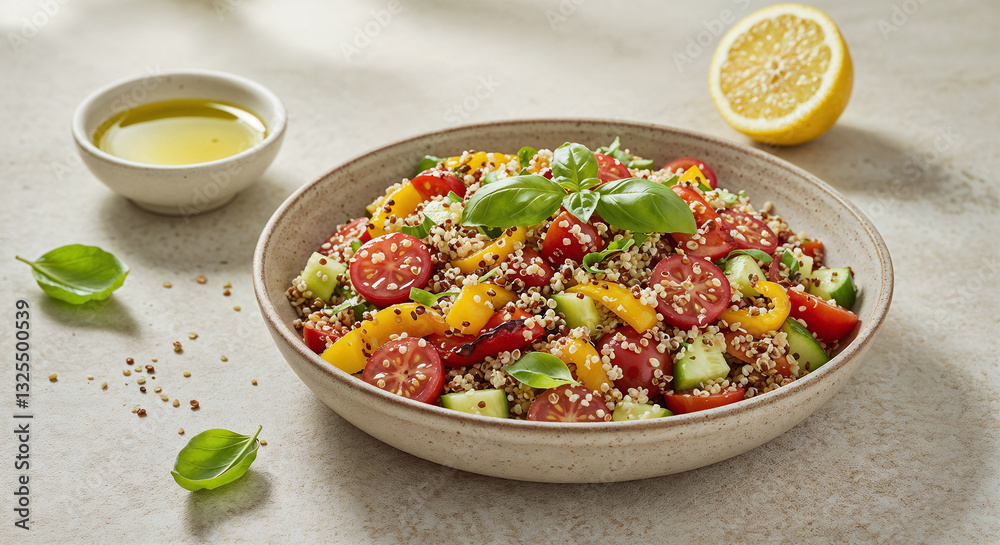 Colorful Mediterranean Quinoa Salad with Fresh Vegetables in Rustic Bowl Colorful Mediterranean Quinoa Salad with Fresh Vegetables in Rustic Bowl