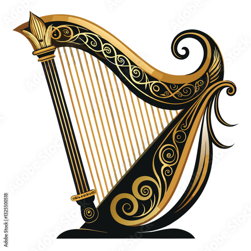 Generate a highly detailed silhouette of a single, elegant harp, set against a plain background.  Focus on the instrument's graceful curves and intricate details.