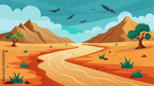 The stillness of the dry riverbed is disturbed only by the occasional cries of hungry birds searching in vain for insects and worms that no longer live in the dried up riverbed.. Vector illustration
