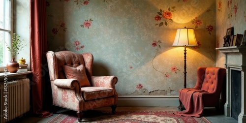 Serene vintage room interior featuring floral wallpaper, antique armchairs, and a warm lamplight
