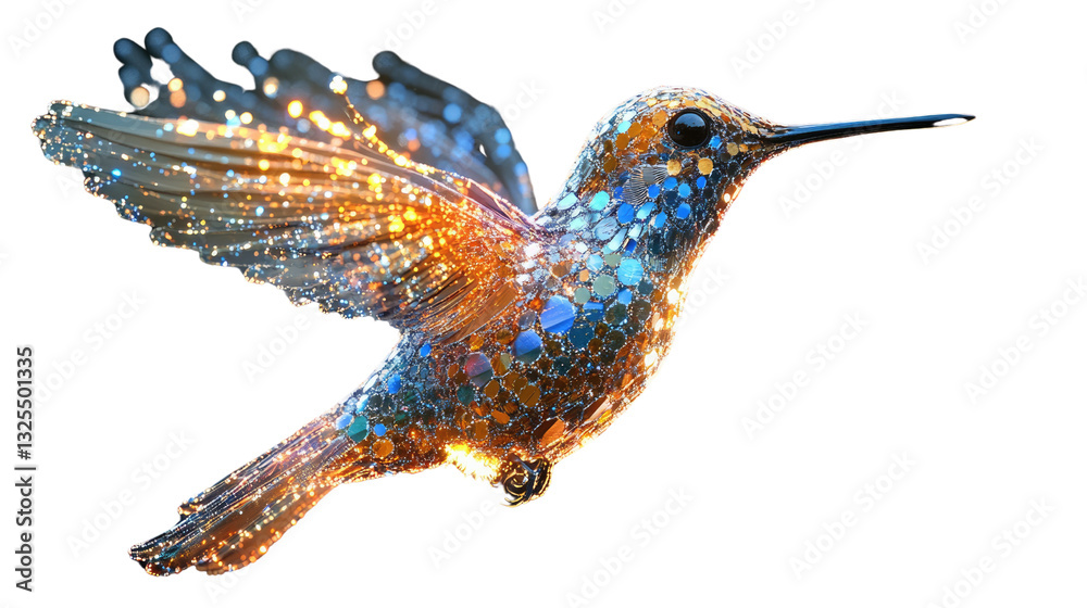 Fototapeta premium Hummingbird in flight: This stunning image captures the vibrant iridescence of a hummingbird mid-flight, its wings a blur of motion against a backdrop of vibrant color, a visual feast for the eyes.