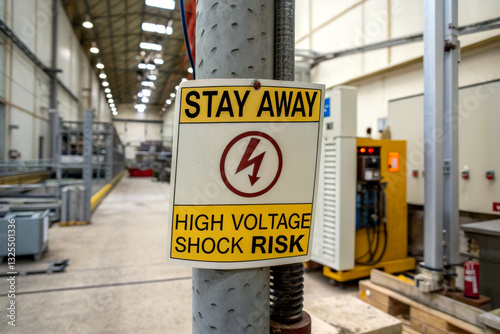 A safety sign indicating high voltage shock risk, advising people to stay away, placed in a factory or industrial setting.