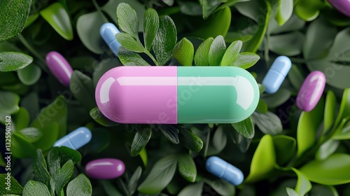 Pills and Plants: A vibrant macro shot featuring an array of colorful pills nestled amongst lush green foliage, creating a harmonious blend of medicine and nature.