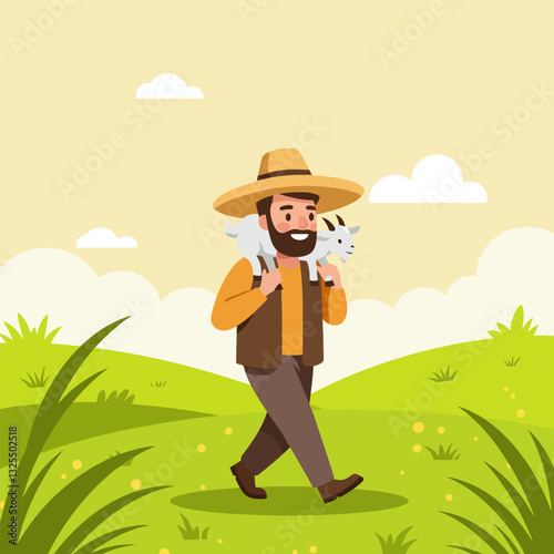 Man Walking with Goat on Shoulders in Peaceful Green Field