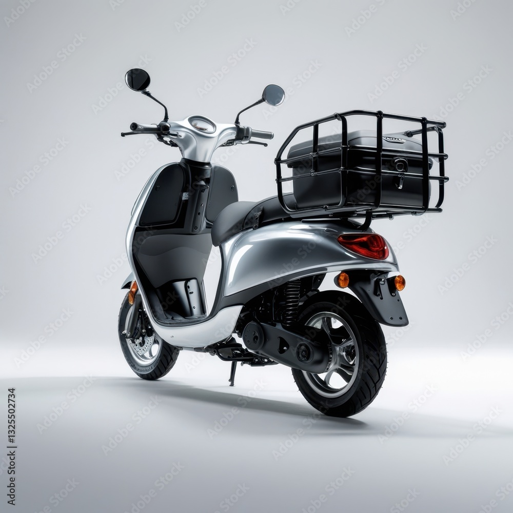 Obraz premium Sleek Silver Scooter with Cargo Carrier Rear View Studio Shot