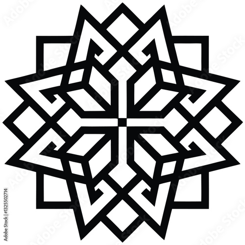Black and White Geometric Snowflake Pattern Design.