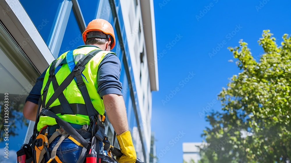 A Worker in Safety Gear Cleaning Windows on a High Rise Building Under Clear Skies A Worker in Safety Gear Cleaning Windows on a High Rise Building Under Clear Skies