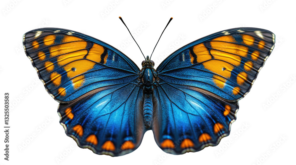 Fototapeta premium Azure Wings: An exquisite butterfly showcases vibrant hues of blue and orange across its open wings, revealing intricate patterns and details in a macro shot.