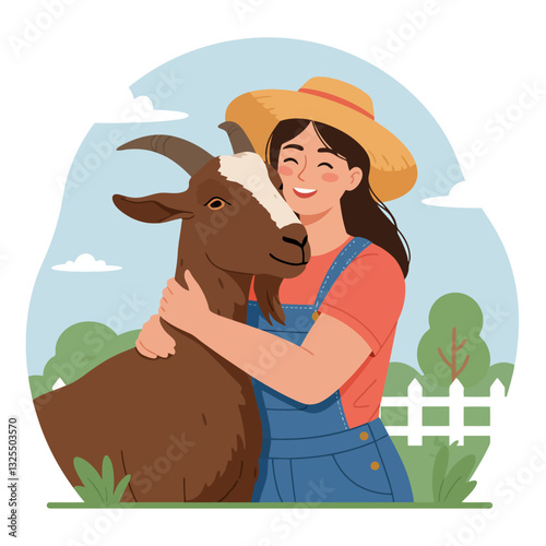 Woman Farmer Hugging Goat Illustration in Peaceful Countryside Scene