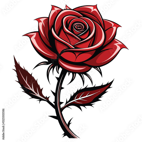 Create a dramatic silhouette of a single rose, subtly intertwined with the silhouette of Thor's hammer, Mjolnir.