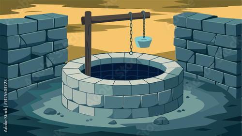 The wells stone walls offer no relief from the scorching sun its onceclear depths now a murky reminder of the scarce resource.. Vector illustration