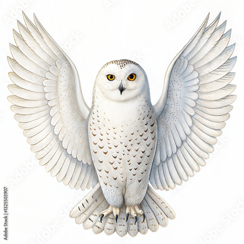 An owl is flying, showing off his beautiful wings, isolated on white background